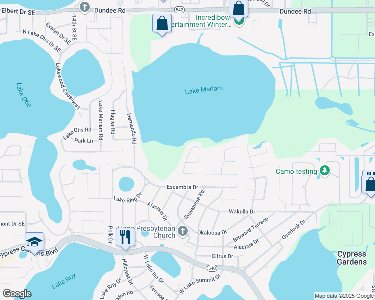 map of restaurants, bars, coffee shops, grocery stores, and more near 1028 South Lake Mariam Drive in Winter Haven