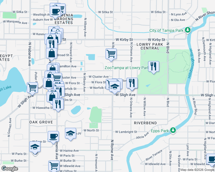 map of restaurants, bars, coffee shops, grocery stores, and more near 1705 West Norfolk Street in Tampa