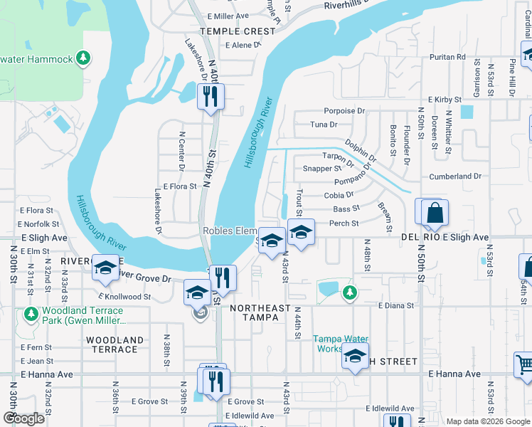 map of restaurants, bars, coffee shops, grocery stores, and more near 7176 East Bank Drive in Tampa