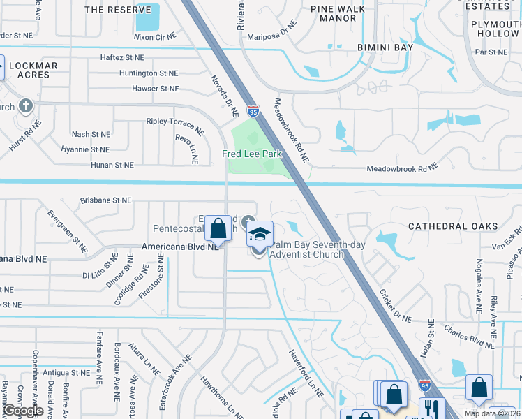 map of restaurants, bars, coffee shops, grocery stores, and more near 684 Candle Court Northeast in Palm Bay