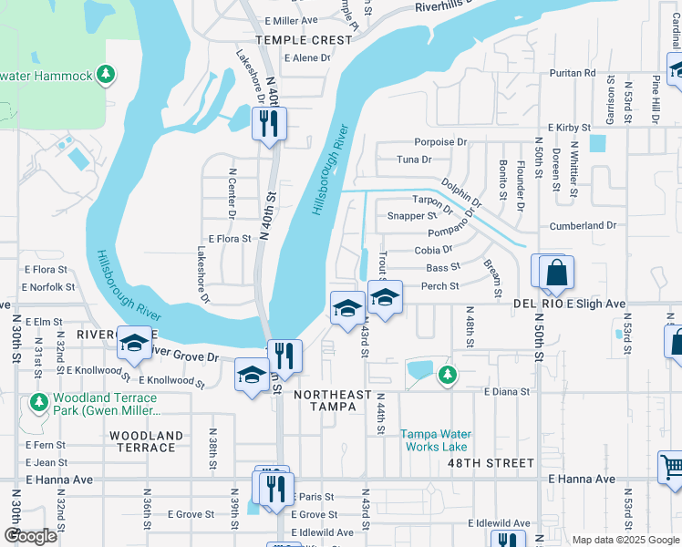 map of restaurants, bars, coffee shops, grocery stores, and more near 7176 East Bank Drive in Tampa