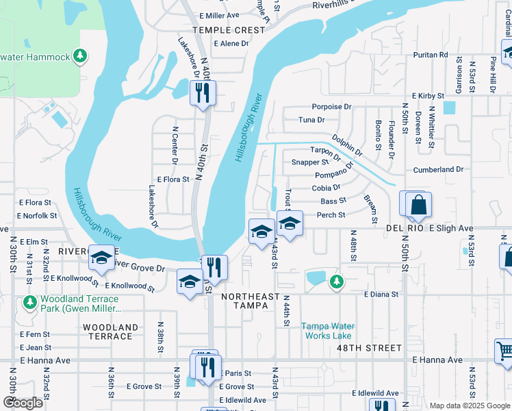 map of restaurants, bars, coffee shops, grocery stores, and more near 7145 East Bank Drive in Tampa
