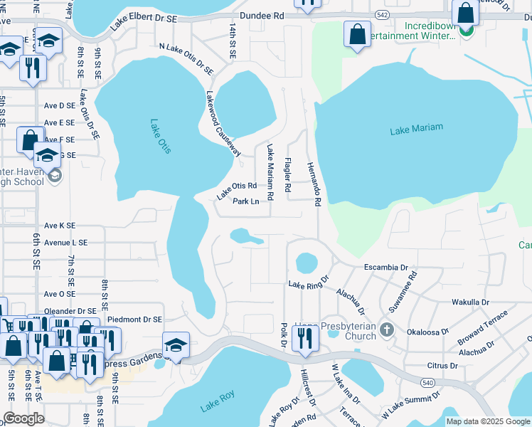 map of restaurants, bars, coffee shops, grocery stores, and more near 114 Lake Otis Road in Winter Haven