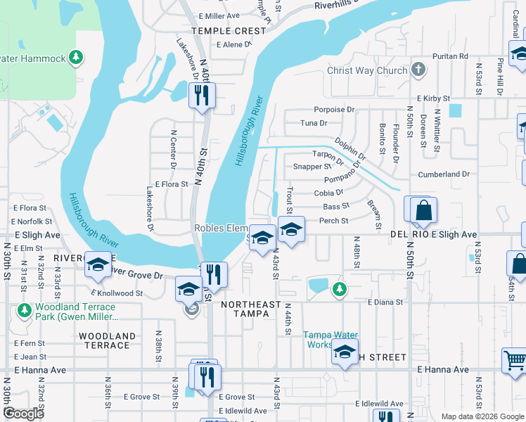 map of restaurants, bars, coffee shops, grocery stores, and more near 7176 East Bank Drive in Tampa
