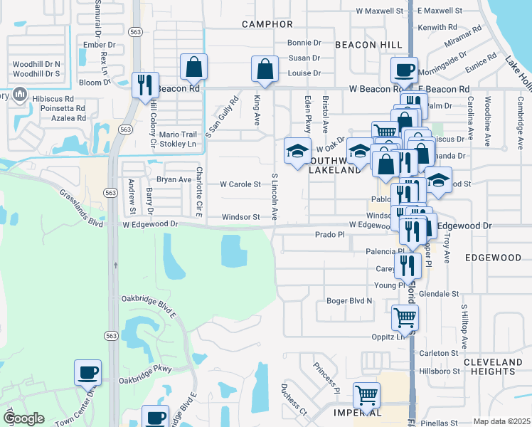 map of restaurants, bars, coffee shops, grocery stores, and more near 803 Windsor Street in Lakeland