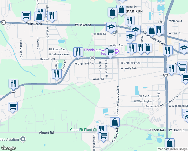 map of restaurants, bars, coffee shops, grocery stores, and more near 2704 West Moody Avenue in Plant City