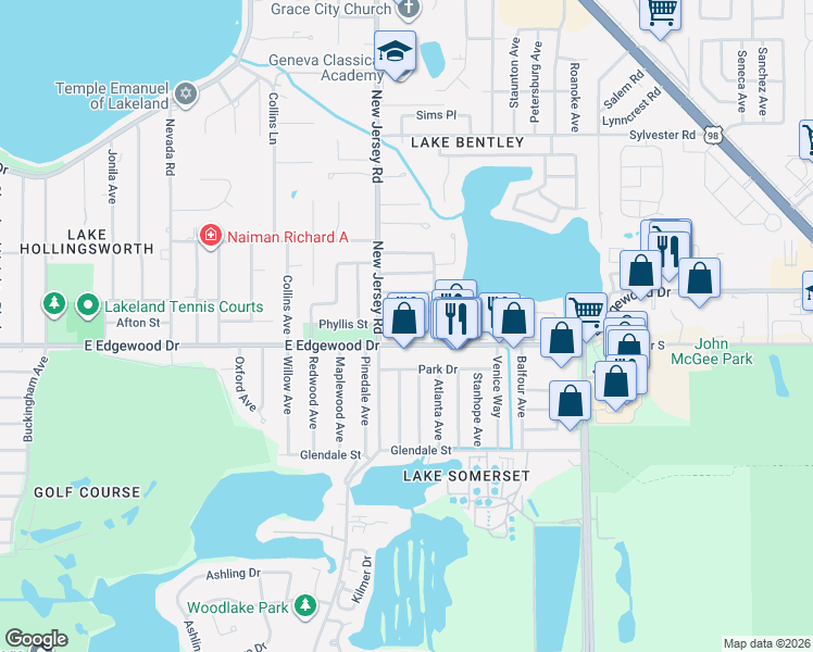 map of restaurants, bars, coffee shops, grocery stores, and more near 1620 Tangerine Street in Lakeland