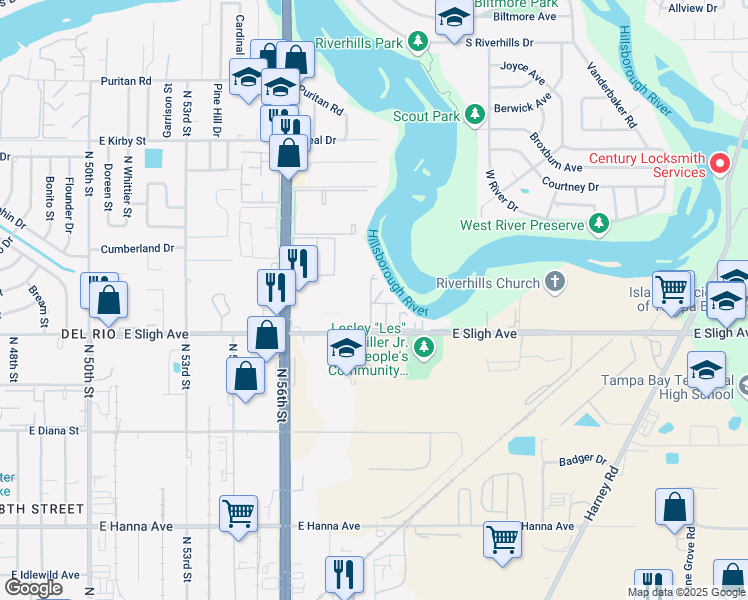 map of restaurants, bars, coffee shops, grocery stores, and more near 6919 Silver Run Drive in Tampa