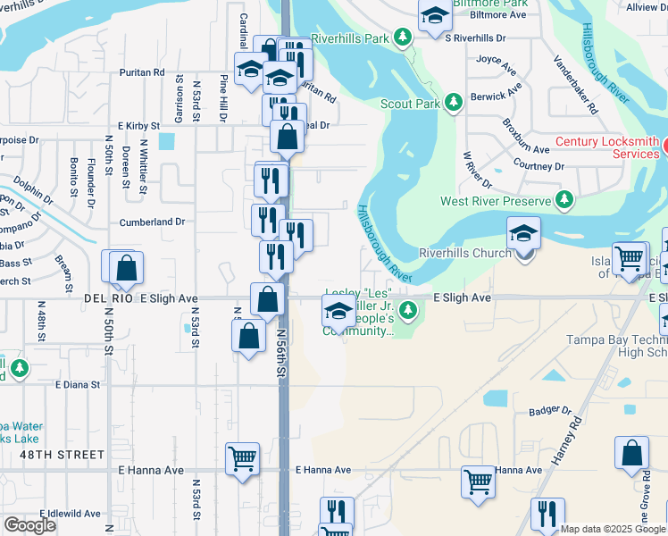 map of restaurants, bars, coffee shops, grocery stores, and more near 6918 Castlegate Drive in Tampa