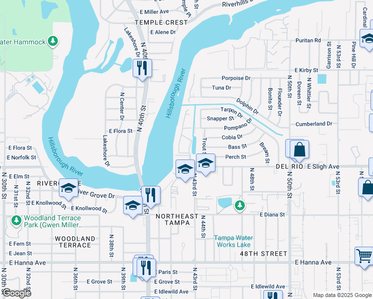 map of restaurants, bars, coffee shops, grocery stores, and more near 7176 East Bank Drive in Tampa