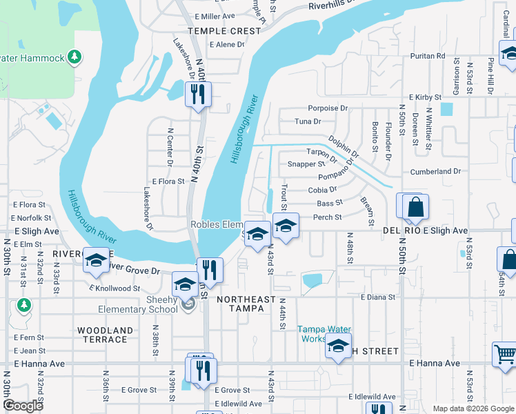 map of restaurants, bars, coffee shops, grocery stores, and more near 7176 East Bank Drive in Tampa