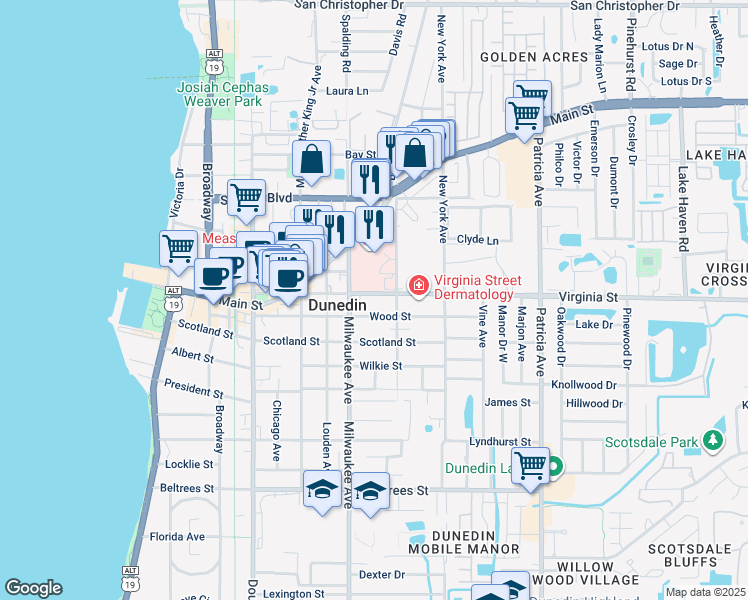 map of restaurants, bars, coffee shops, grocery stores, and more near Orange Avenue in Dunedin