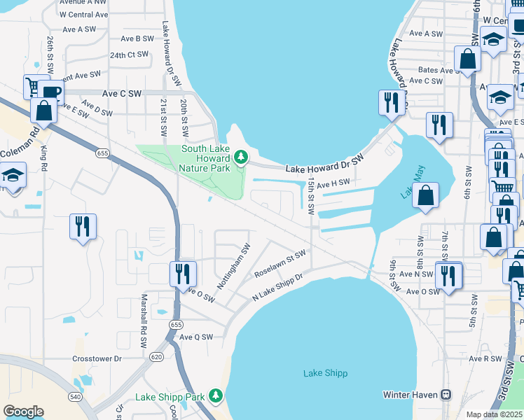 map of restaurants, bars, coffee shops, grocery stores, and more near 1528 Foxridge Run Southwest in Winter Haven