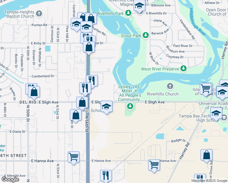 map of restaurants, bars, coffee shops, grocery stores, and more near 6909 Indian River Drive in Tampa