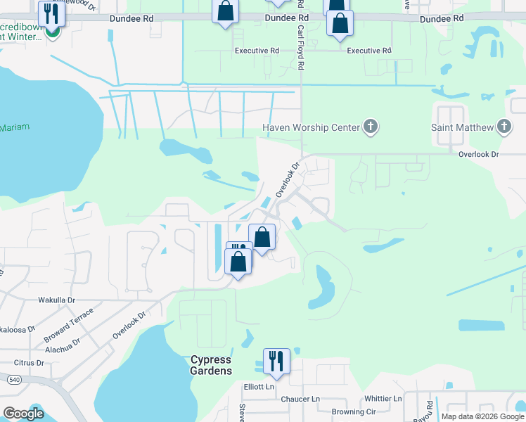 map of restaurants, bars, coffee shops, grocery stores, and more near 1440 Innsbruck Court in Winter Haven