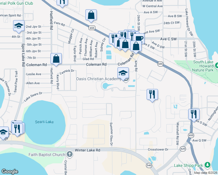 map of restaurants, bars, coffee shops, grocery stores, and more near 952 Whisper Lake Drive in Winter Haven