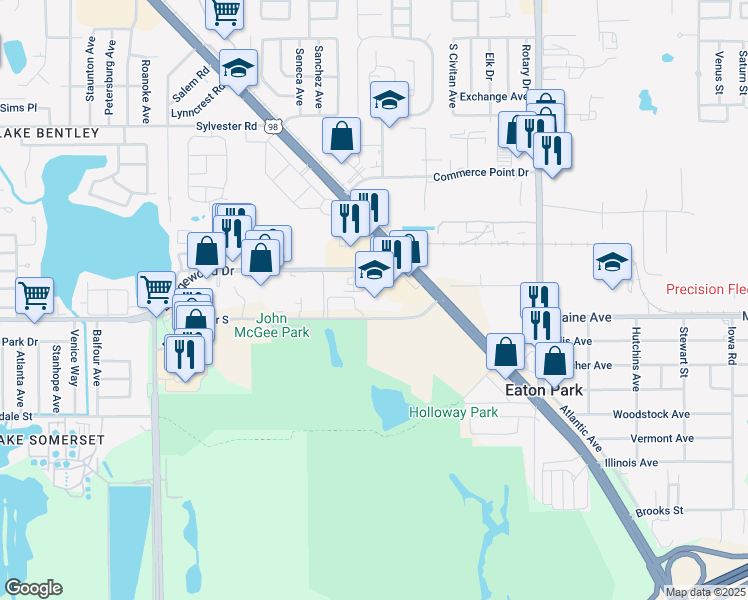 map of restaurants, bars, coffee shops, grocery stores, and more near 2222 Edgewood Drive South in Lakeland