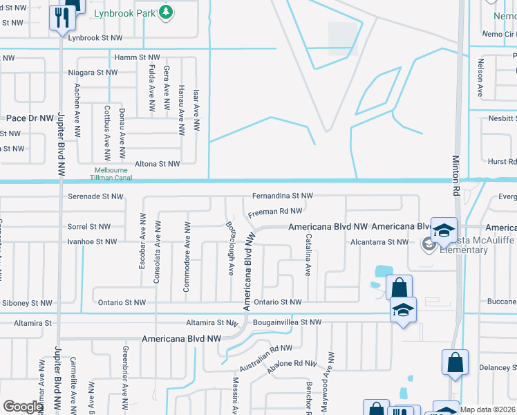 map of restaurants, bars, coffee shops, grocery stores, and more near 566 Fernandina Street Northwest in Palm Bay