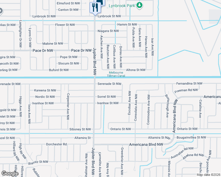 map of restaurants, bars, coffee shops, grocery stores, and more near 836 Serenade Street Northwest in Palm Bay