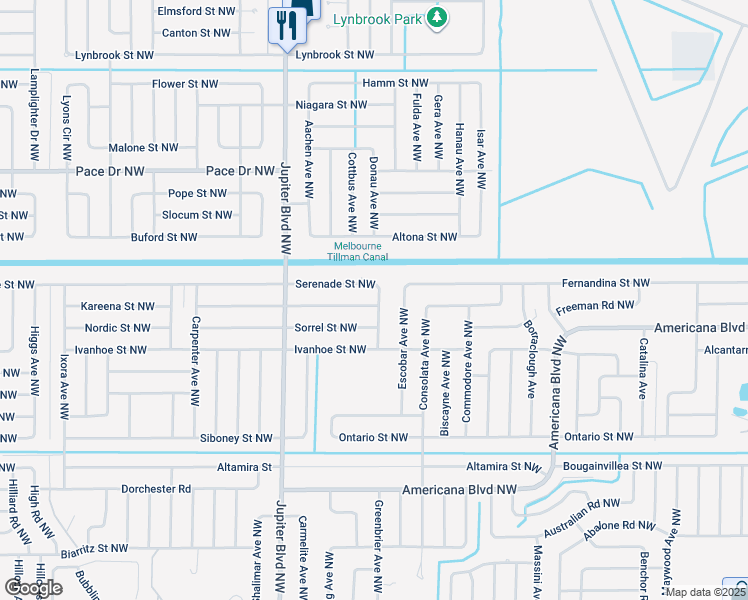 map of restaurants, bars, coffee shops, grocery stores, and more near 591 Adventure Avenue Northwest in Palm Bay