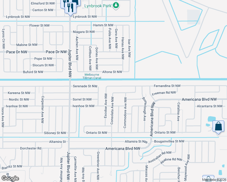 map of restaurants, bars, coffee shops, grocery stores, and more near 764 Fernandina Street Northwest in Palm Bay