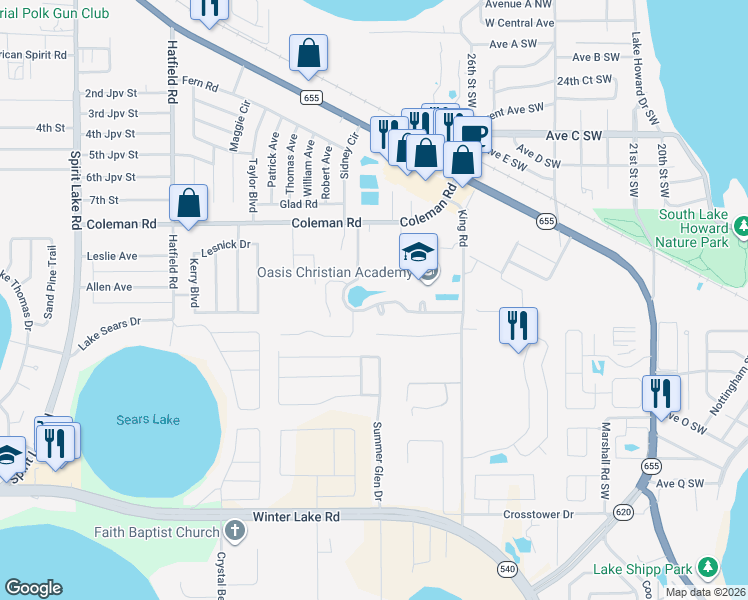map of restaurants, bars, coffee shops, grocery stores, and more near 952 Whisper Lake Drive in Winter Haven