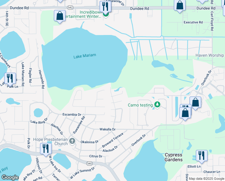 map of restaurants, bars, coffee shops, grocery stores, and more near 330 Lake Mariam Boulevard in Winter Haven
