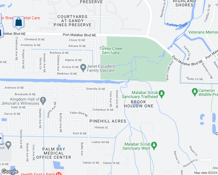 map of restaurants, bars, coffee shops, grocery stores, and more near 2249 Granville Street Northeast in Palm Bay