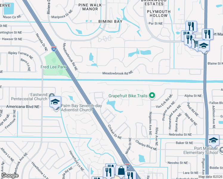 map of restaurants, bars, coffee shops, grocery stores, and more near 1249 Knollwood Road Northeast in Palm Bay