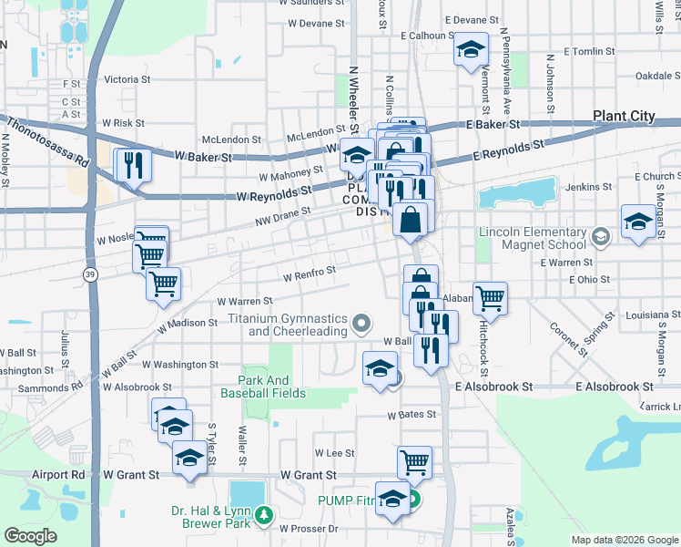 map of restaurants, bars, coffee shops, grocery stores, and more near 305 South Daniels Street in Plant City