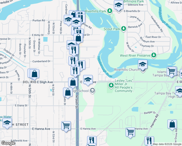 map of restaurants, bars, coffee shops, grocery stores, and more near 6918 Castlegate Drive in Tampa