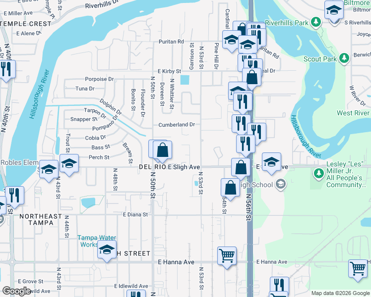 map of restaurants, bars, coffee shops, grocery stores, and more near 6929 Wildwood Oak Drive in Tampa