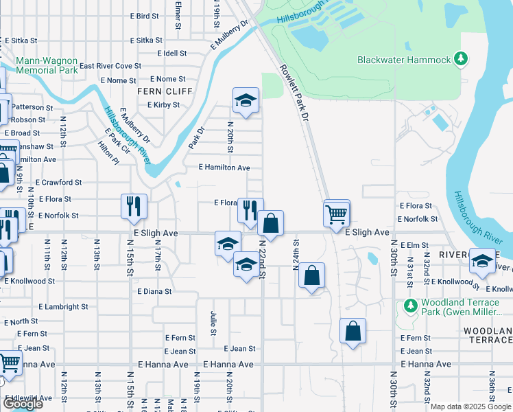map of restaurants, bars, coffee shops, grocery stores, and more near 2102 East Flora Street in Tampa