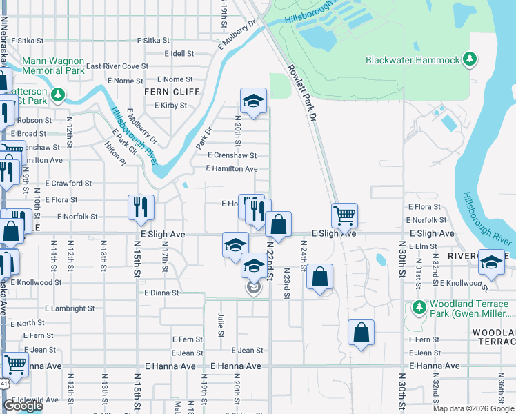 map of restaurants, bars, coffee shops, grocery stores, and more near 2102 East Flora Street in Tampa