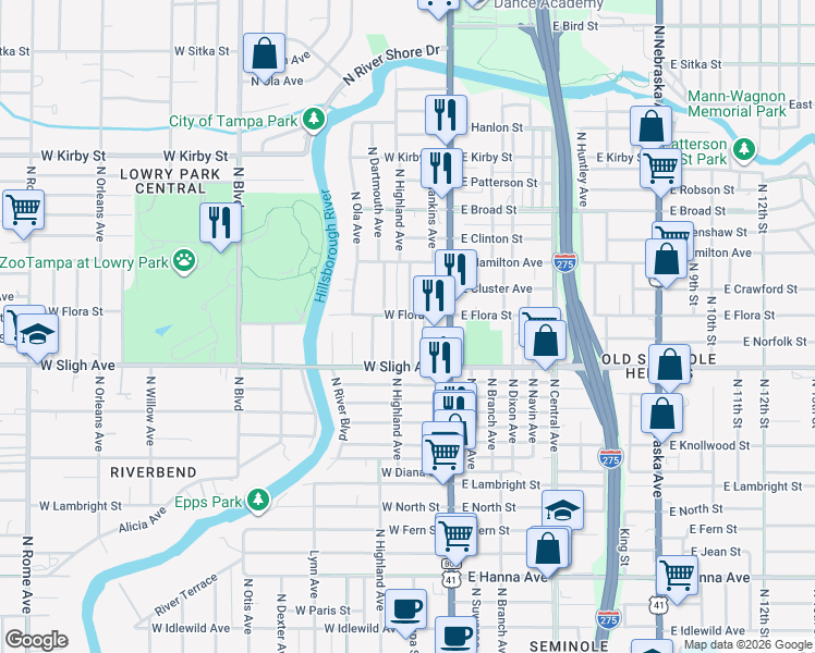 map of restaurants, bars, coffee shops, grocery stores, and more near 200 West Flora Street in Tampa