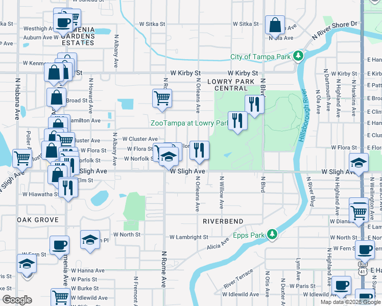 map of restaurants, bars, coffee shops, grocery stores, and more near 6924 North Oregon Avenue in Tampa