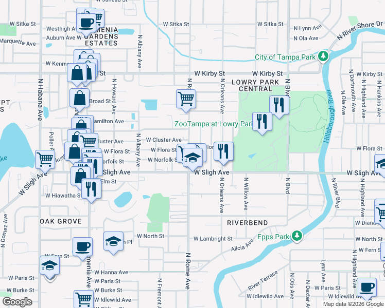map of restaurants, bars, coffee shops, grocery stores, and more near 7009 North Rome Avenue in Tampa