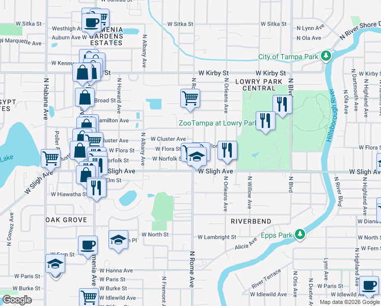 map of restaurants, bars, coffee shops, grocery stores, and more near 7009 North Rome Avenue in Tampa