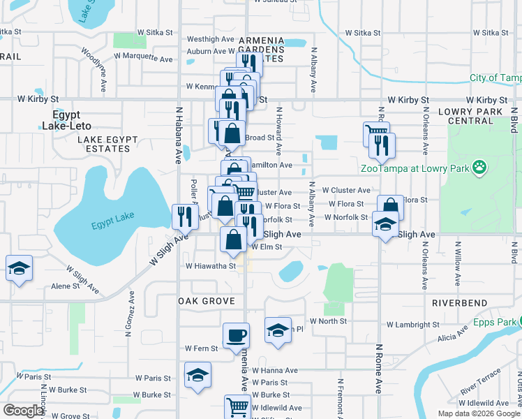 map of restaurants, bars, coffee shops, grocery stores, and more near 2307 West Flora Street in Tampa
