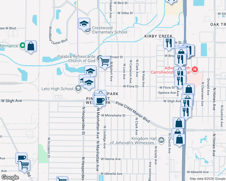 map of restaurants, bars, coffee shops, grocery stores, and more near 6924 North Thatcher Avenue in Tampa