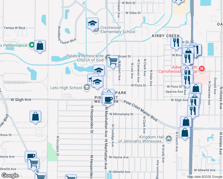 map of restaurants, bars, coffee shops, grocery stores, and more near 6924 North Coolidge Avenue in Tampa