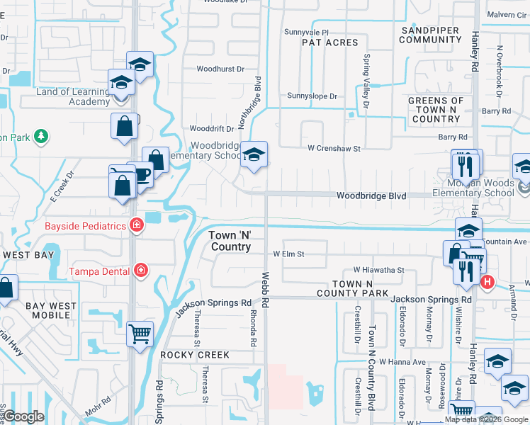 map of restaurants, bars, coffee shops, grocery stores, and more near 7005 Webb Road in Tampa