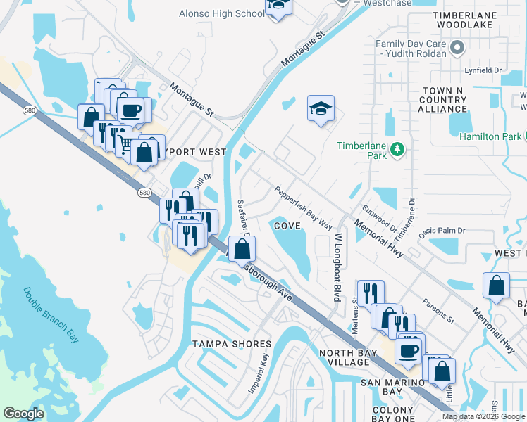 map of restaurants, bars, coffee shops, grocery stores, and more near 6713 Leeward Isle Way in Tampa