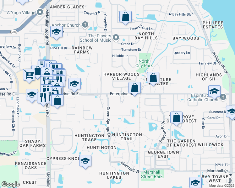 map of restaurants, bars, coffee shops, grocery stores, and more near 3310 Enterprise Road East in Safety Harbor