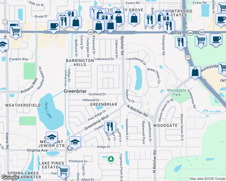 map of restaurants, bars, coffee shops, grocery stores, and more near 2507 Bramblewood Drive West in Clearwater