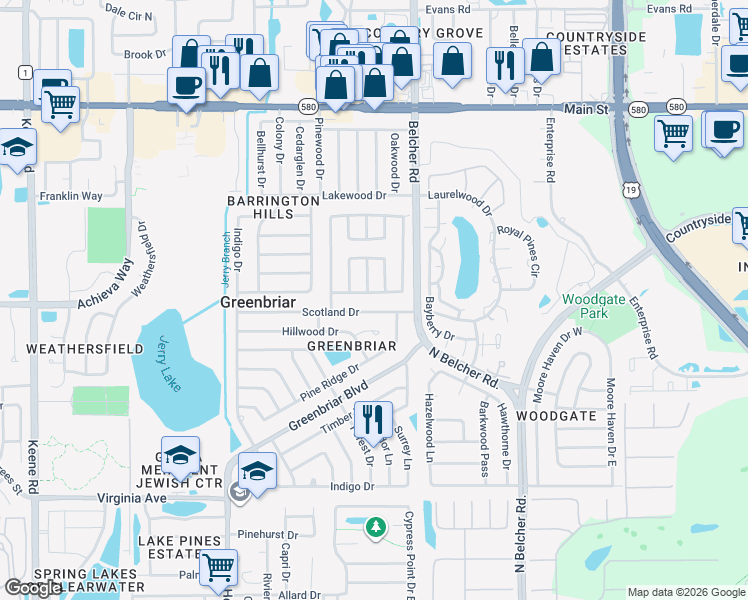 map of restaurants, bars, coffee shops, grocery stores, and more near 2509 Wynnewood Drive in Clearwater