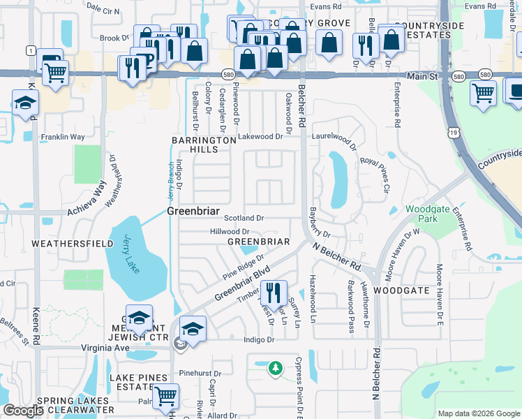 map of restaurants, bars, coffee shops, grocery stores, and more near 2509 Wynnewood Drive in Clearwater