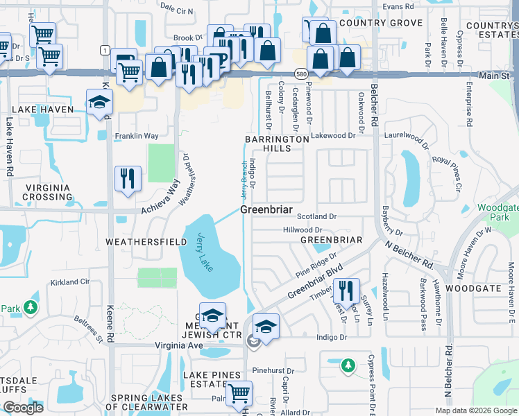 map of restaurants, bars, coffee shops, grocery stores, and more near 2032 Southpointe Drive in Dunedin