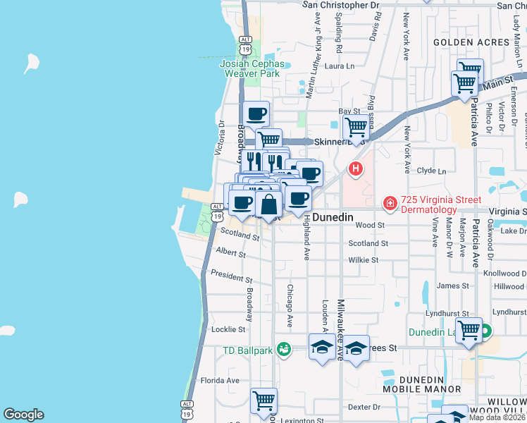 map of restaurants, bars, coffee shops, grocery stores, and more near 428 Virginia Lane in Dunedin