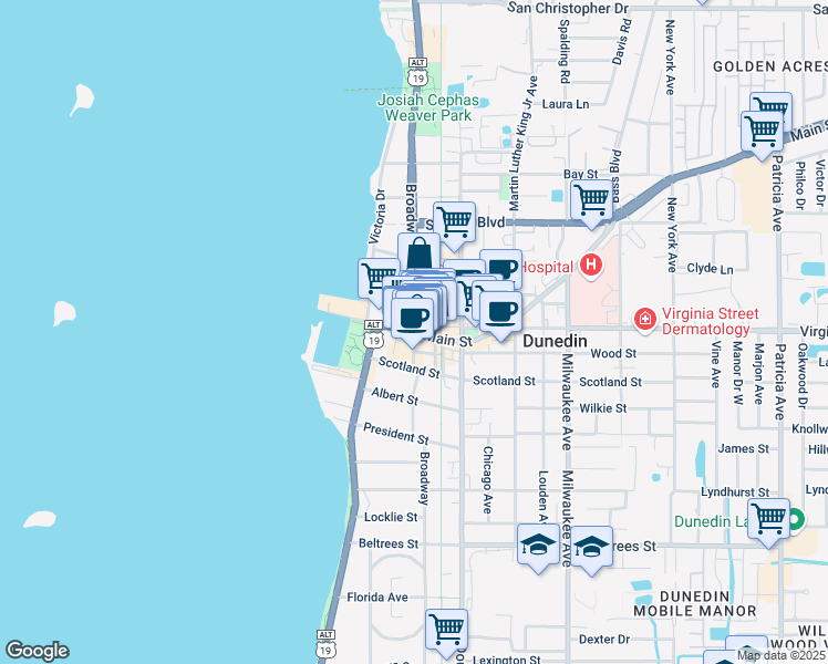 map of restaurants, bars, coffee shops, grocery stores, and more near 300 Main Street in Dunedin
